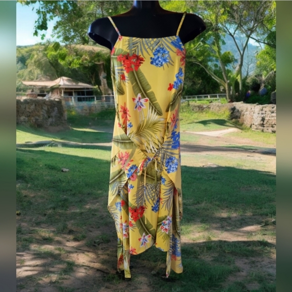 Solitaire Faux Wrap Sleeveless Asymmetrical Tropical Floral Yellow Dress